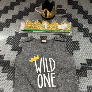 Wild One Grey Sleeveless Baby Romper with Gold Crowns